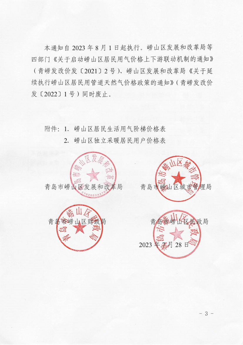 青嶗發改價發〔2023〕5號《青島市嶗山區發展和改革局 青島市嶗山區城市管理局 青島市嶗山區財政局 青島市嶗山區民政局 關于啟動嶗山區居民用氣價格上下游聯動機制的通知》_03.png